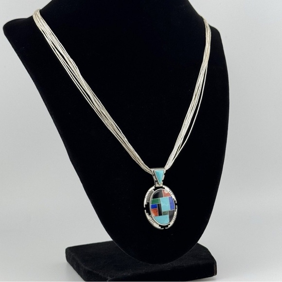 Signed Vtg Carolyn Pollack Southwestern 925 Sterling Turquoise Mosaic Necklace - Picture 6 of 16